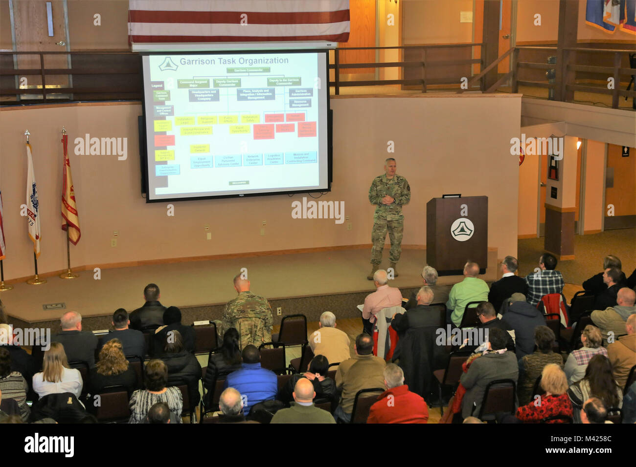 Le colonel commandant de garnison David J. Pinter Sr. fournit son information annuelle à la main-d'œuvre Fort McCoy, le 24 janvier 2018, dans le bâtiment 905 à Fort McCoy, le Wisconsin a tenu deux séances d'effectifs Pinter à des centaines de Fort McCoy employés où il a discuté de nombreux plans, programmes, et les efforts à venir à l'installation. (U.S. Photo de l'Armée de Scott T. Sturkol, Public Affairs Office, Fort McCoy, Wisconsin) Banque D'Images