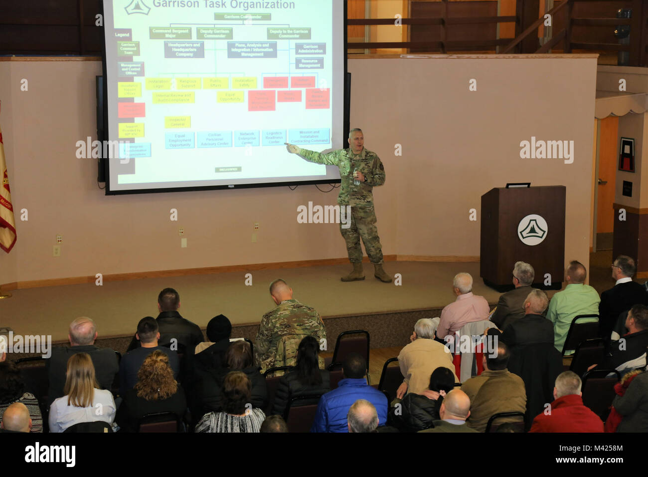 Le colonel commandant de garnison David J. Pinter Sr. fournit son information annuelle à la main-d'œuvre Fort McCoy, le 24 janvier 2018, dans le bâtiment 905 à Fort McCoy, le Wisconsin a tenu deux séances d'effectifs Pinter à des centaines de Fort McCoy employés où il a discuté de nombreux plans, programmes, et les efforts à venir à l'installation. (U.S. Photo de l'Armée de Scott T. Sturkol, Public Affairs Office, Fort McCoy, Wisconsin) Banque D'Images