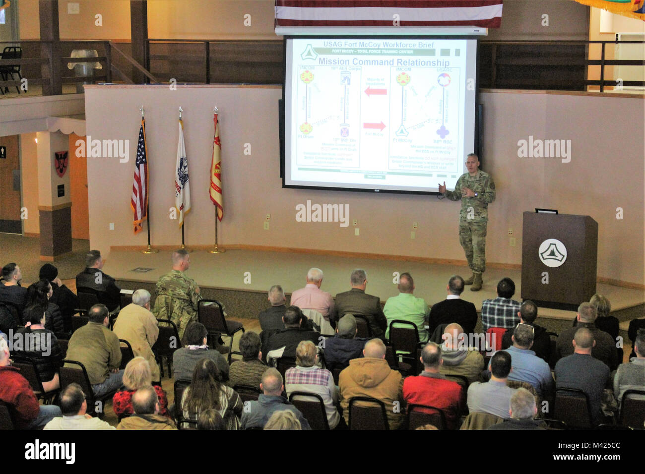 Le colonel commandant de garnison David J. Pinter Sr. fournit son information annuelle à la main-d'œuvre Fort McCoy, le 24 janvier 2018, dans le bâtiment 905 à Fort McCoy, le Wisconsin a tenu deux séances d'effectifs Pinter à des centaines de Fort McCoy employés où il a discuté de nombreux plans, programmes, et les efforts à venir à l'installation. (U.S. Photo de l'Armée de Scott T. Sturkol, Public Affairs Office, Fort McCoy, Wisconsin) Banque D'Images