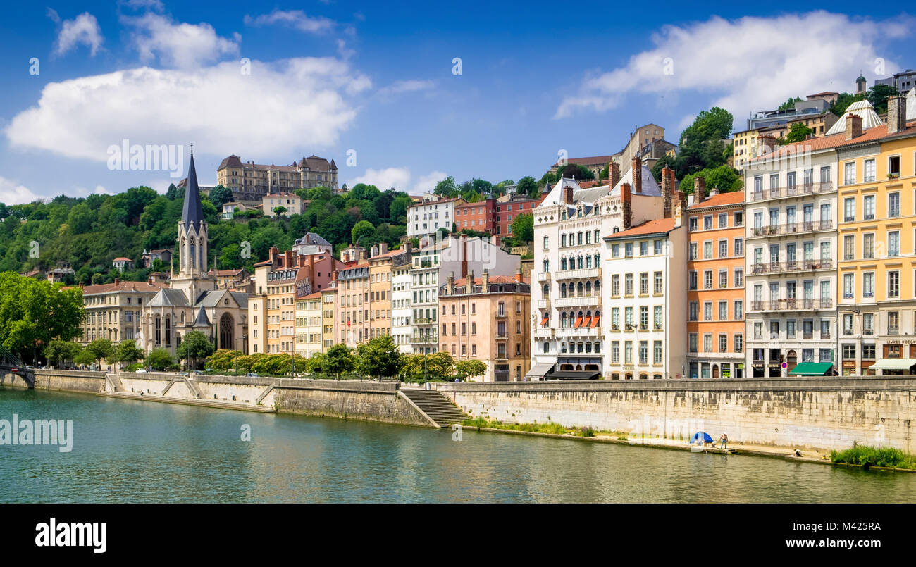 Les bâtiments de la vieille ville sur le Rhône, Lyon, France Banque D'Images