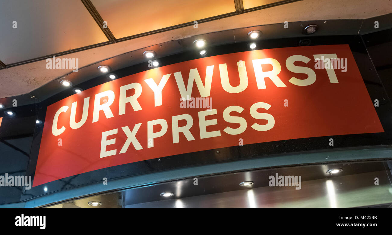 Currywurst Express signe à Hambourg, Allemagne Banque D'Images