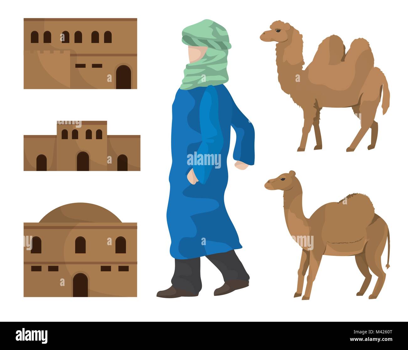 Maisons arabes et les chameaux du désert Illustration de Vecteur