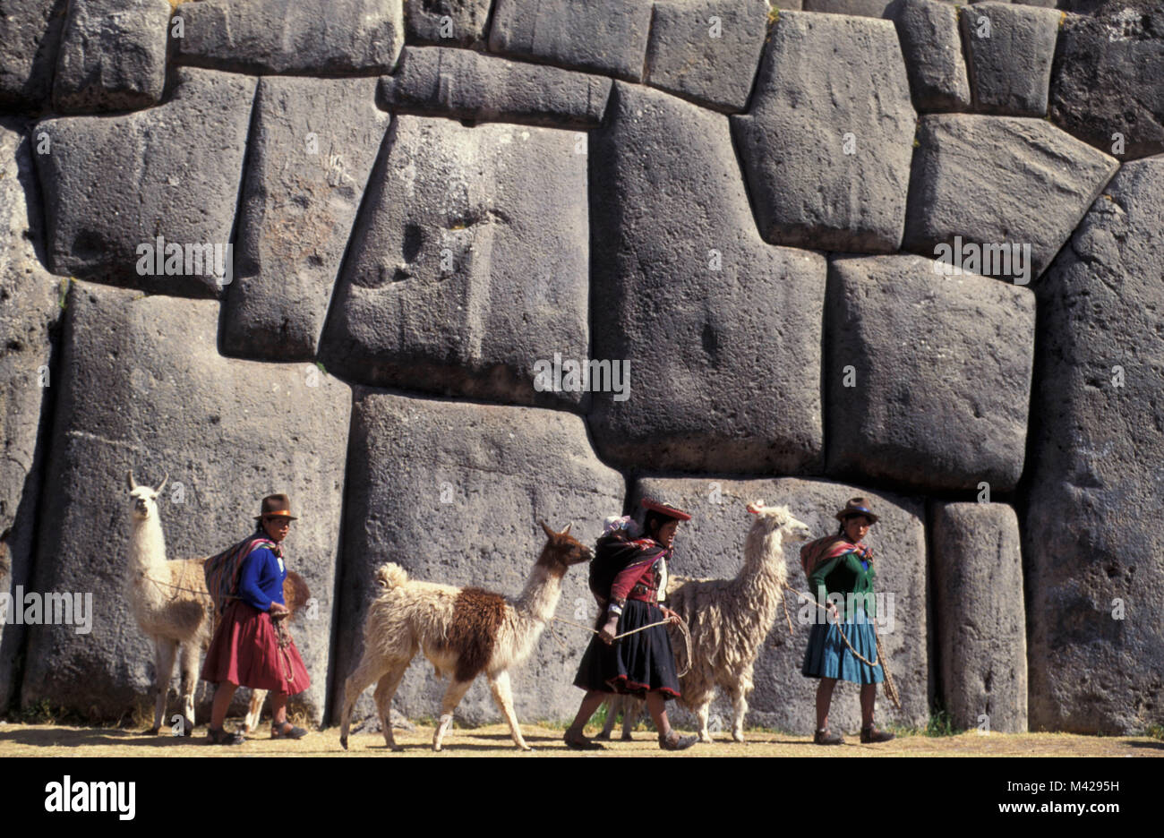 LdlifePeru. Sacsayhuaman. Près de Cusco, Cuzco, ruines Incas. Les femmes et les lamas. UNESCO World Heritage Site. Banque D'Images