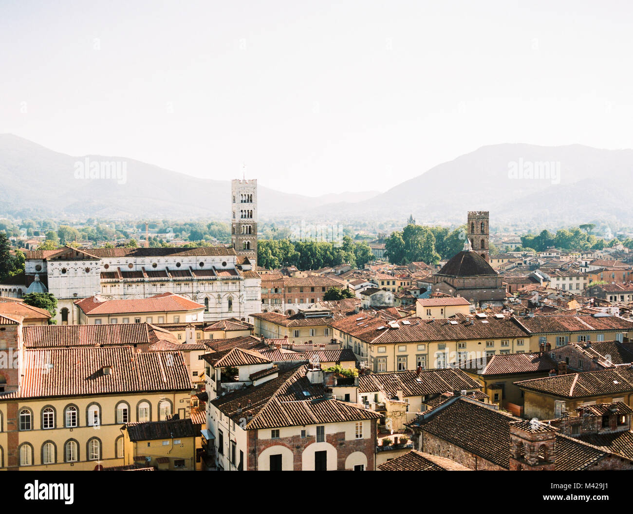 Tourné à partir d'un haut toit élevé, de telle sorte que vous pouvez voir la ville de Lucca et les montagnes derrière elle. Banque D'Images