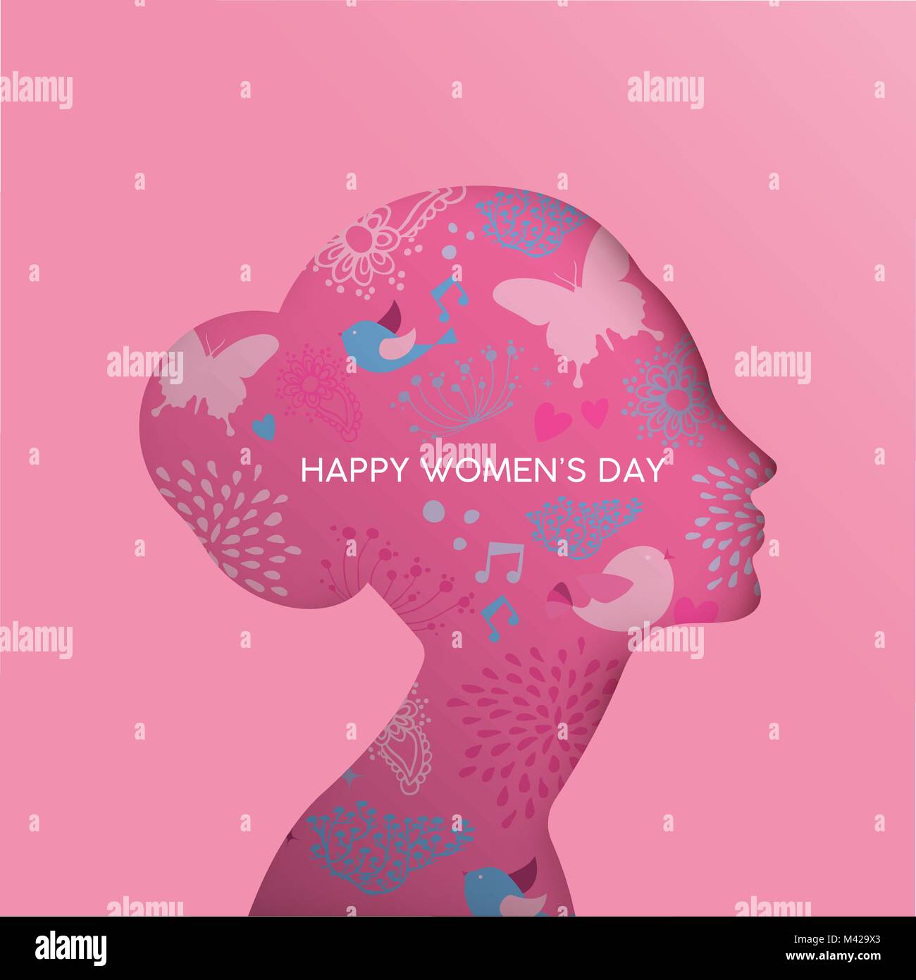 Happy Women's Day holiday Greeting card illustration. Coupe papier girl head silhouette avec découpe à la main et la nature printemps doodles. Vecteur EPS10. Illustration de Vecteur