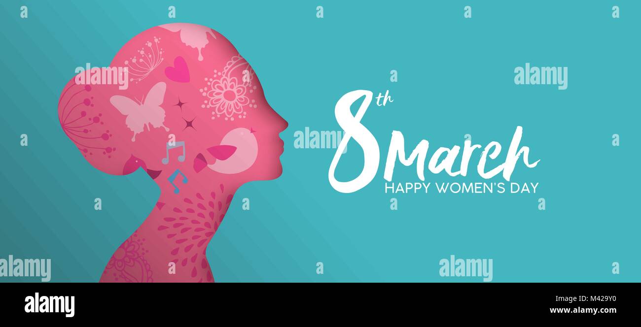 La Journée de la femme heureuse maison de l'illustration. Découpe du papier face fille rose avec des fleurs de printemps et gribouillages. Format idéal pour la conception horizontale bannière web ou Illustration de Vecteur