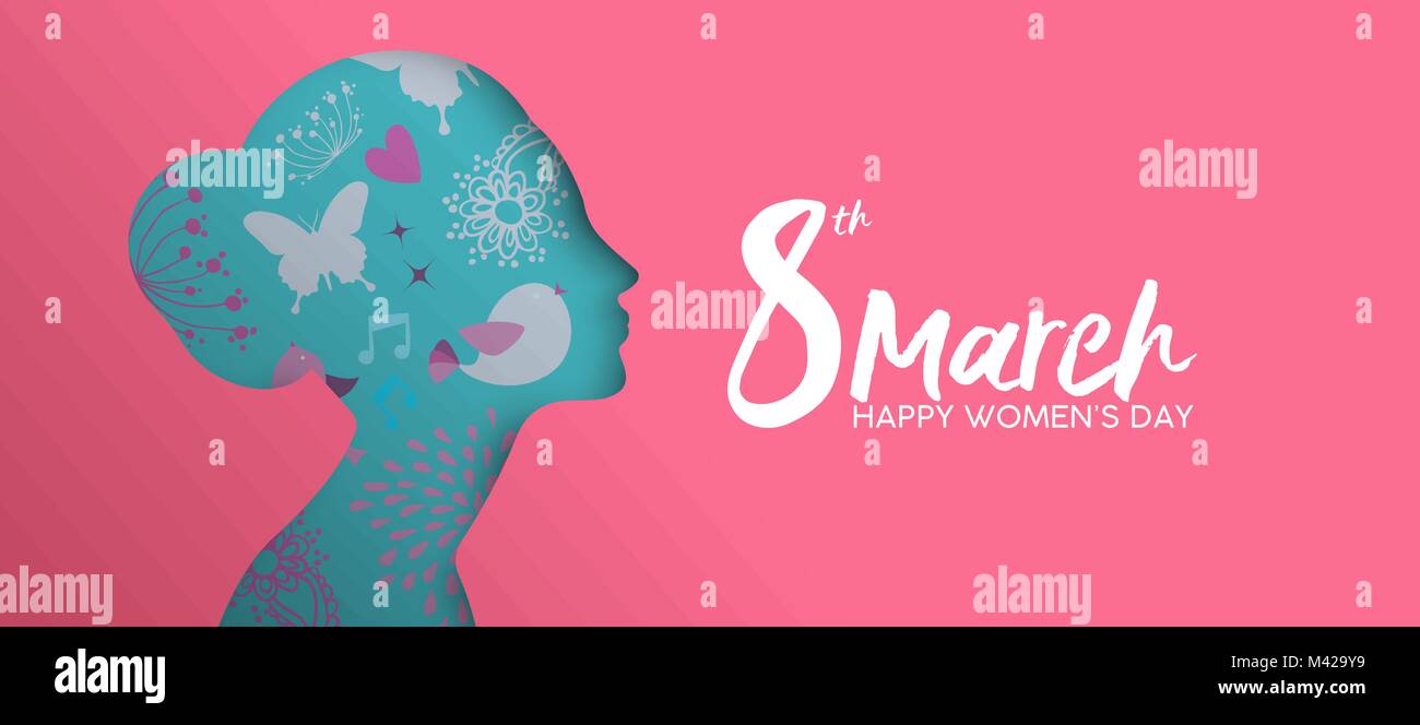 La Journée de la femme heureuse maison de l'illustration. Coupe papier girl head silhouette avec découpe à la main et des fleurs de printemps doodles. Format horizontal idée design Illustration de Vecteur