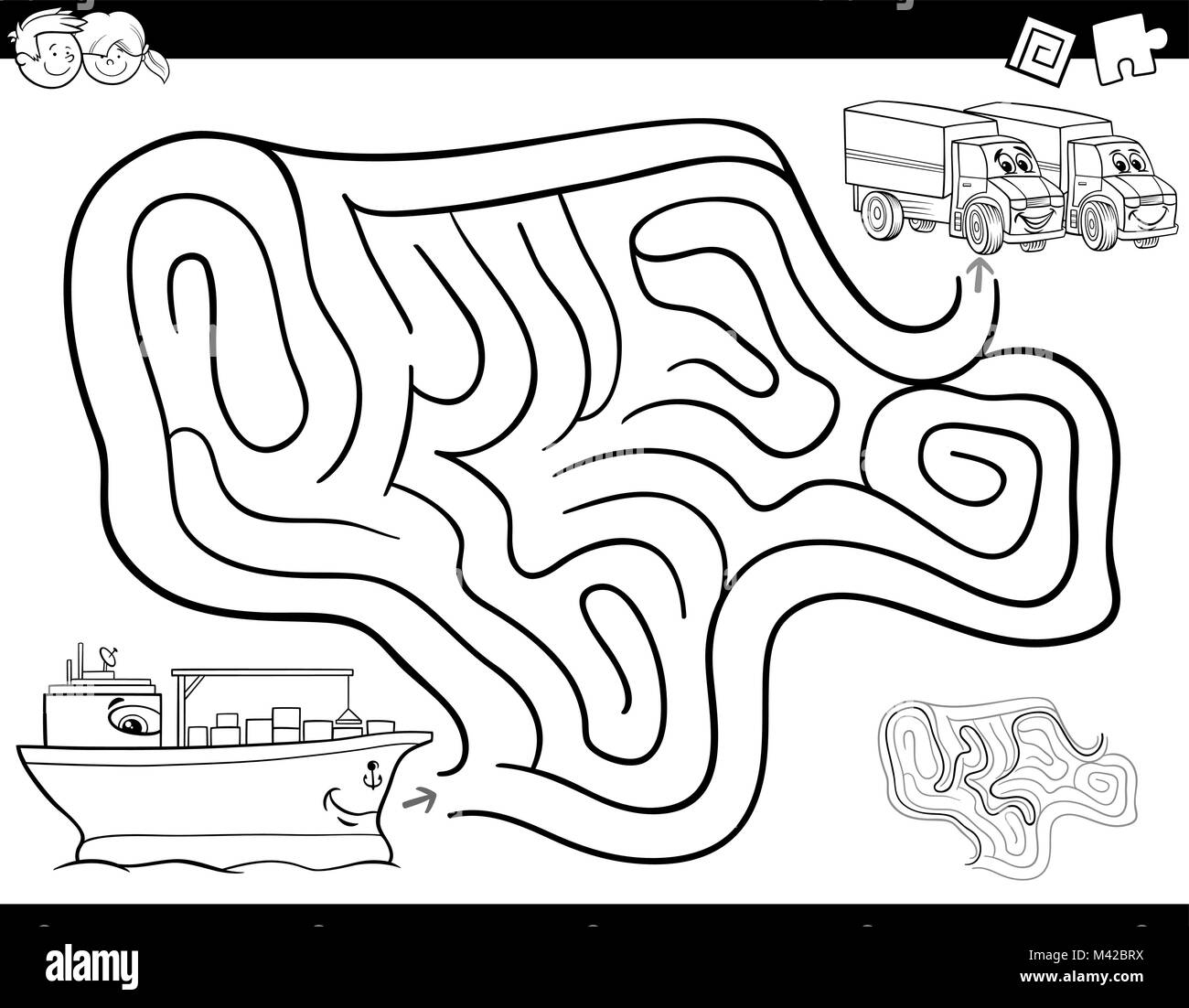 Illustration Cartoon noir et blanc de l'éducation ou l'activité Labyrinthe Labyrinthe jeu pour les enfants avec des porte-conteneurs et camions Coloring Book Illustration de Vecteur