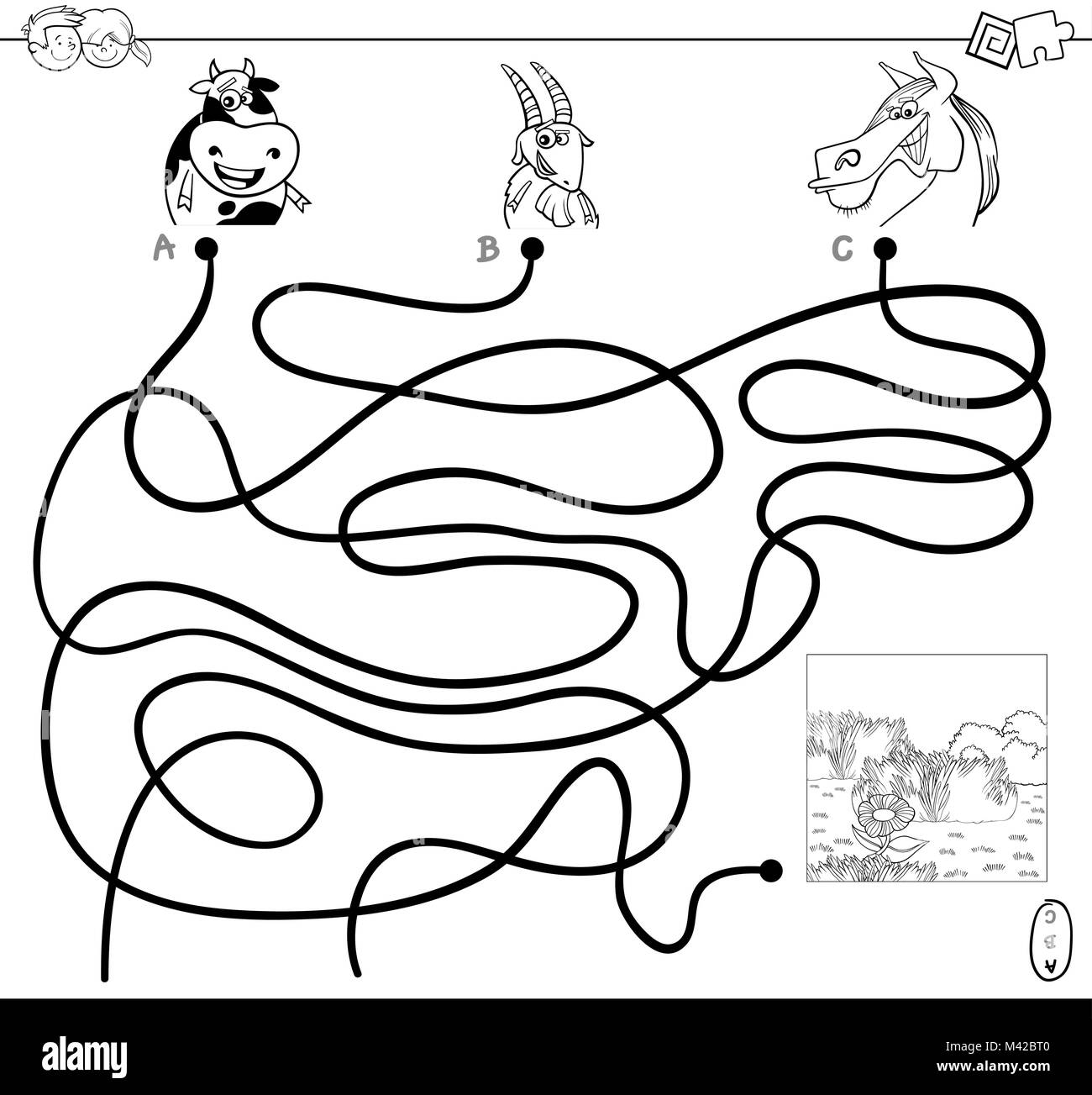 Illustration Cartoon noir et blanc des chemins ou activité Puzzle Labyrinthe jeu avec des personnages et des animaux de ferme à colorier pré Illustration de Vecteur