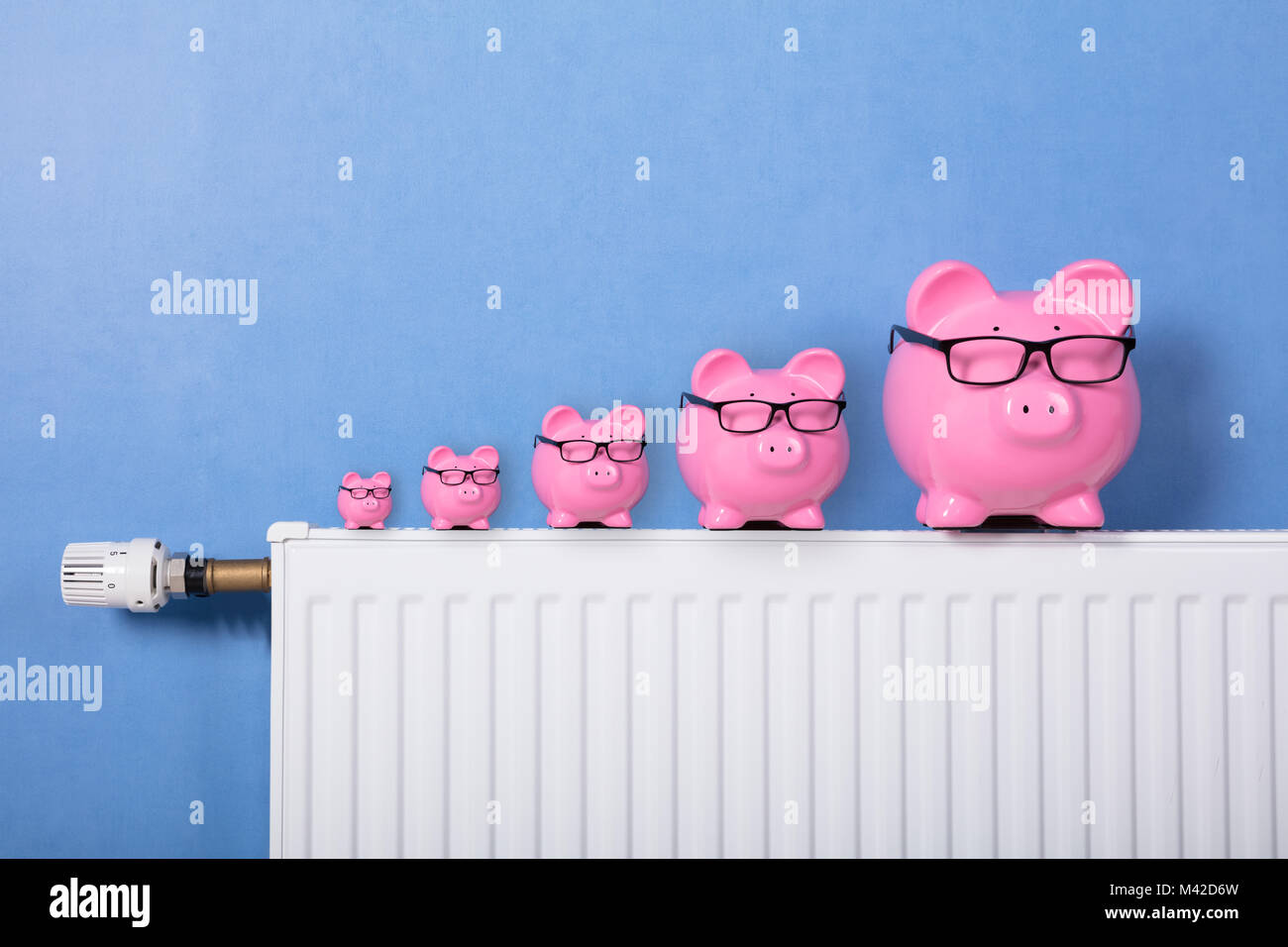 Pink Piggy Banks Wearing Eyeglasses conservés dans une rangée sur radiateur Banque D'Images