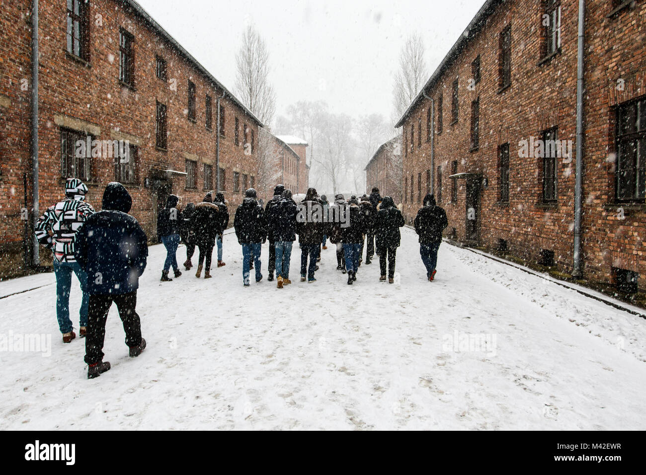 Auschwitz, Malopolskie / Pologne - 04 févr. 2018 : Auschwitz Birkenau, camp de concentration et d'extermination nazis, les visiteurs au camp. Banque D'Images