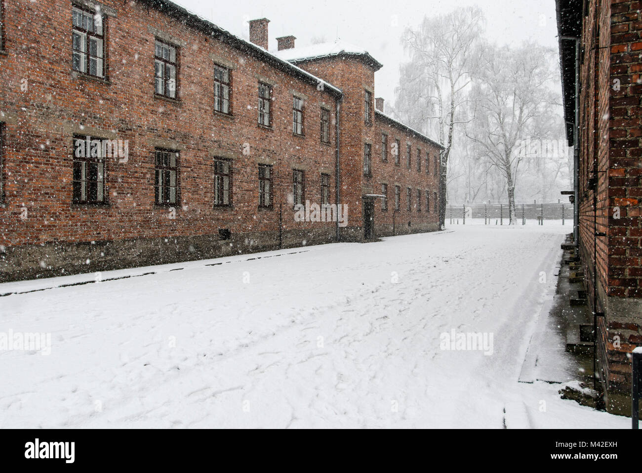 Auschwitz, Malopolskie / Pologne - 04 févr. 2018 : Auschwitz Birkenau, camp de concentration et d'extermination nazis. Avis de casernes. Banque D'Images