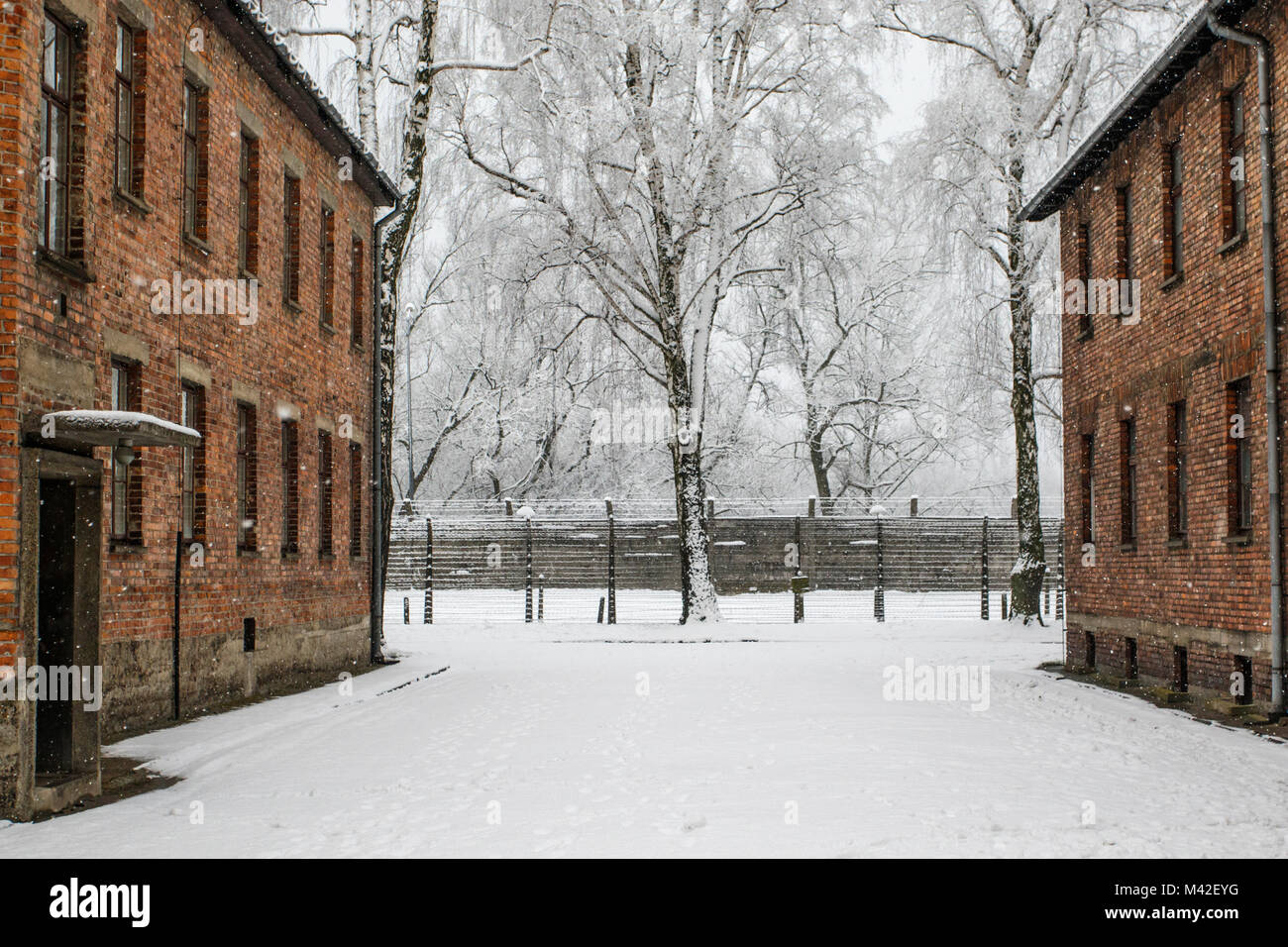 Auschwitz, Malopolskie / Pologne - 04 févr. 2018 : Auschwitz Birkenau, camp de concentration et d'extermination nazis. Avis de casernes. Banque D'Images