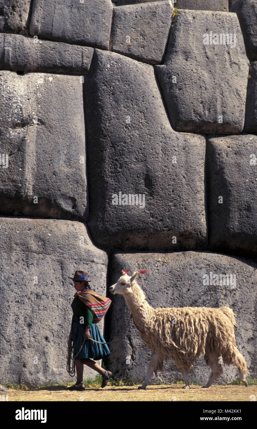 Le Pérou. Sacsayhuaman. Près de Cusco, Cuzco, ruines Incas. Femme et de lamas. UNESCO World Heritage Site. Banque D'Images