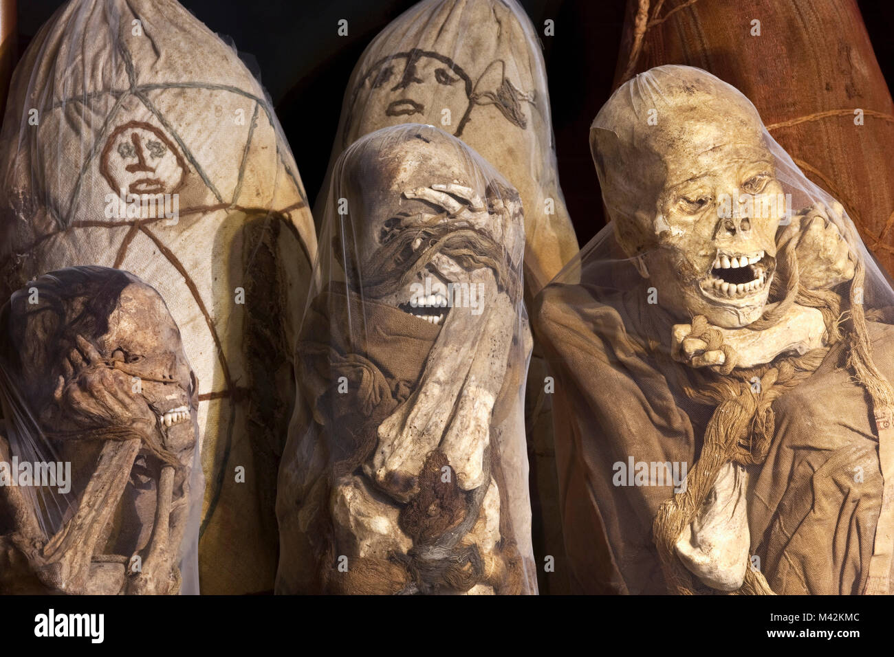 Pérou, Leymebamba, Leimebamba, Musée. Momies trouvés à Laguna de los Condores. (Décompressé à partir de leurs faisceaux d'origine). Banque D'Images