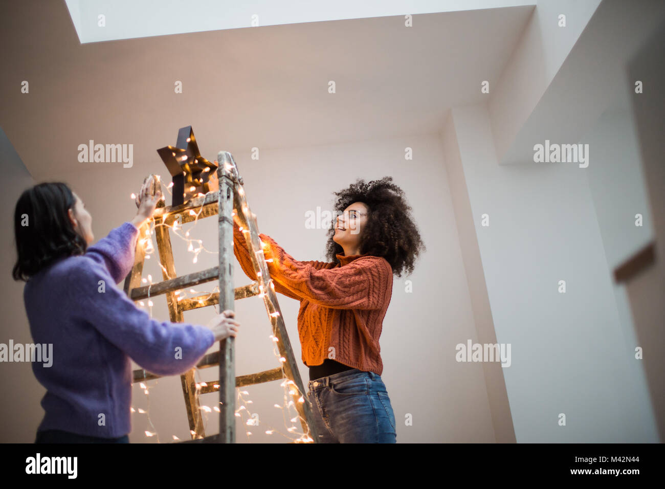 Les amis de décorer un arbre de Noël alternative Banque D'Images