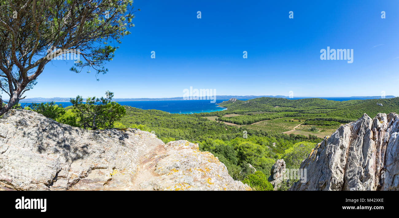 Vue panoramique depuis le haut de l'Ile de Porquerolles (Ile de Porquerolles, Hyères, Toulon, Var, Provence-Alpes-Cote d'Azur, France Banque D'Images