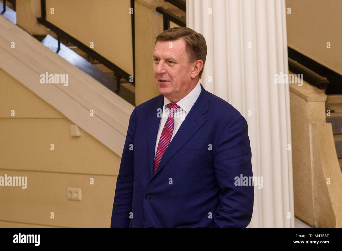 Riga, Lettonie. Feb 14, 2018. Maris Kucinskis, Premier ministre de la République de Lettonie, au cours de réunion avec John Bercow, député de Buckingham et le président de la Chambre des communes britannique à gouvernement de la Lettonie. Credit : Gints Ivuskans/Alamy Live News Banque D'Images
