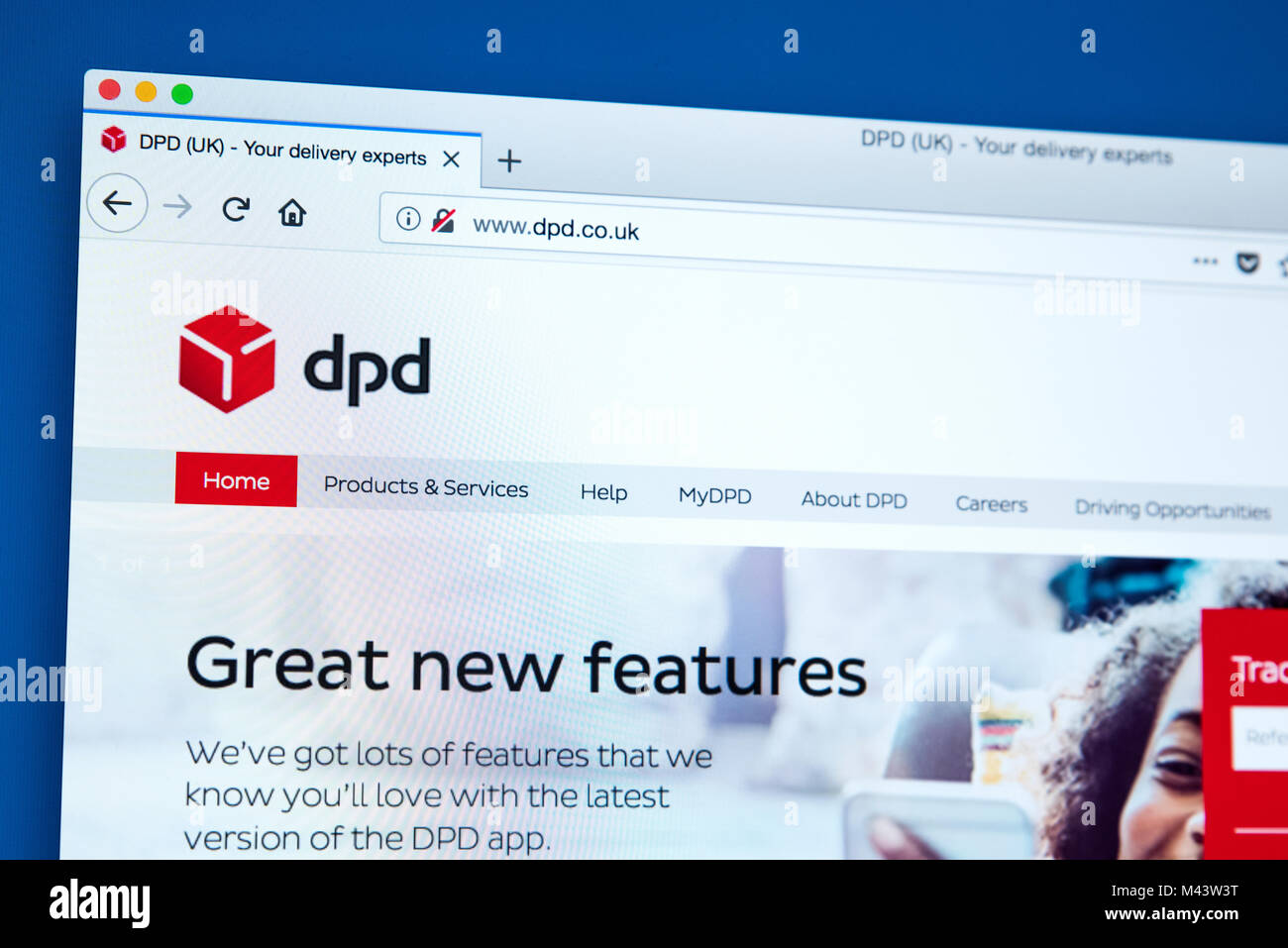 Londres, Royaume-Uni - 10 février 2018 : La page d'accueil du site web officiel de DPD, également connu sous le nom de distribution dynamique - le colis international de Banque D'Images