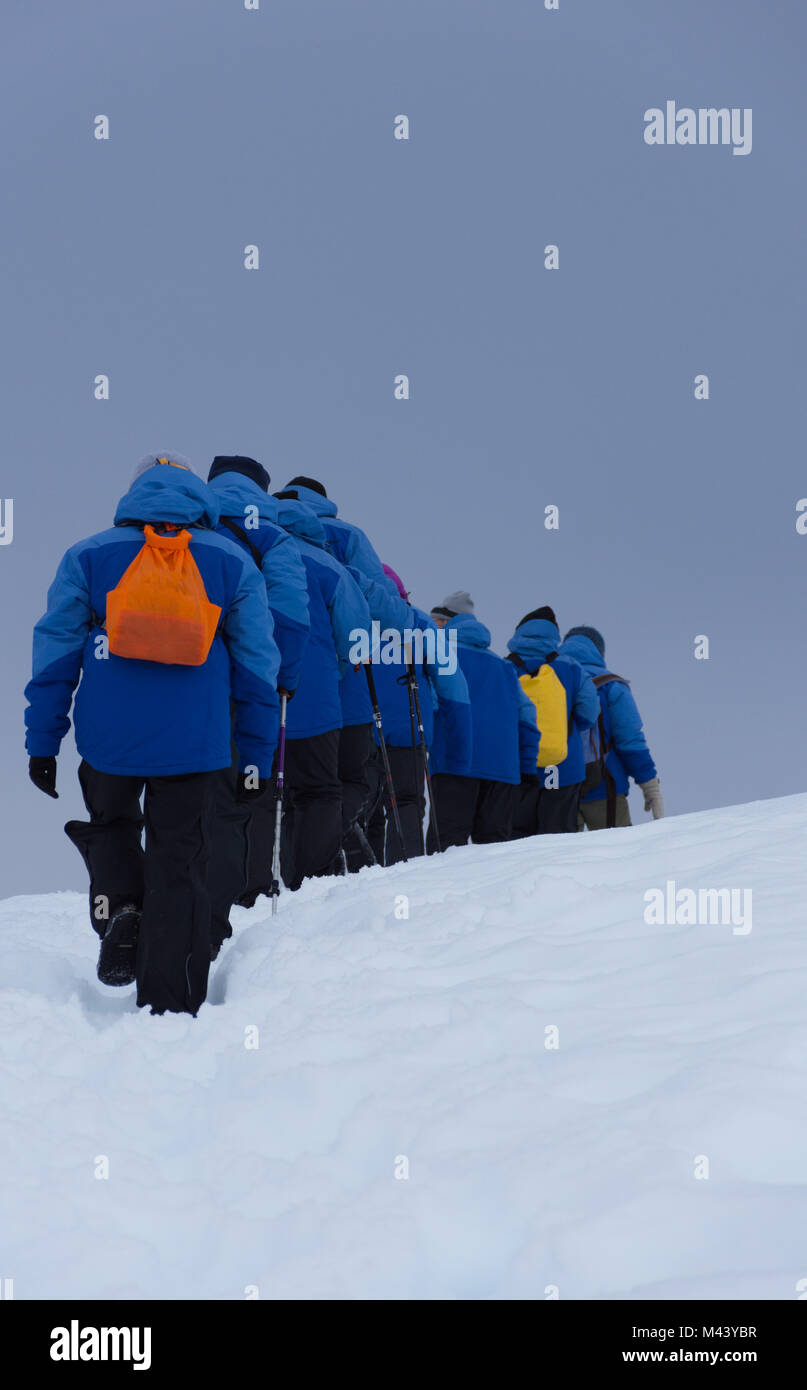 Un groupe de randonneurs randonnée une montagne enneigée sur la péninsule antarctique. Tous portent des vestes bleu deux tons. Ciel bleu pâle est dans l'arrière-plan Banque D'Images