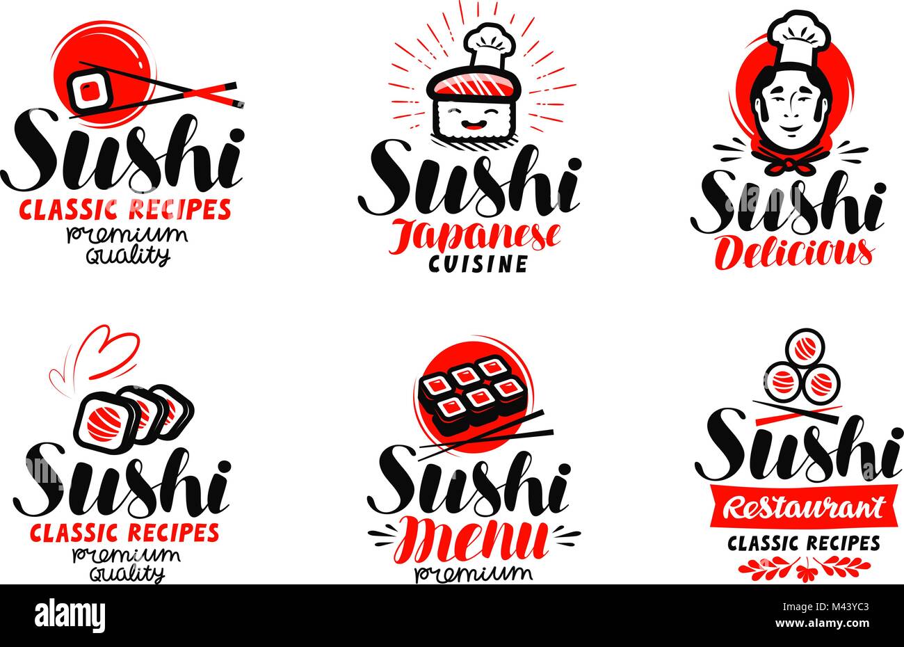Logo Sushi, sashimi ou l'étiquette. La cuisine japonaise, fast food La typographie. Vector illustration lettrage Illustration de Vecteur