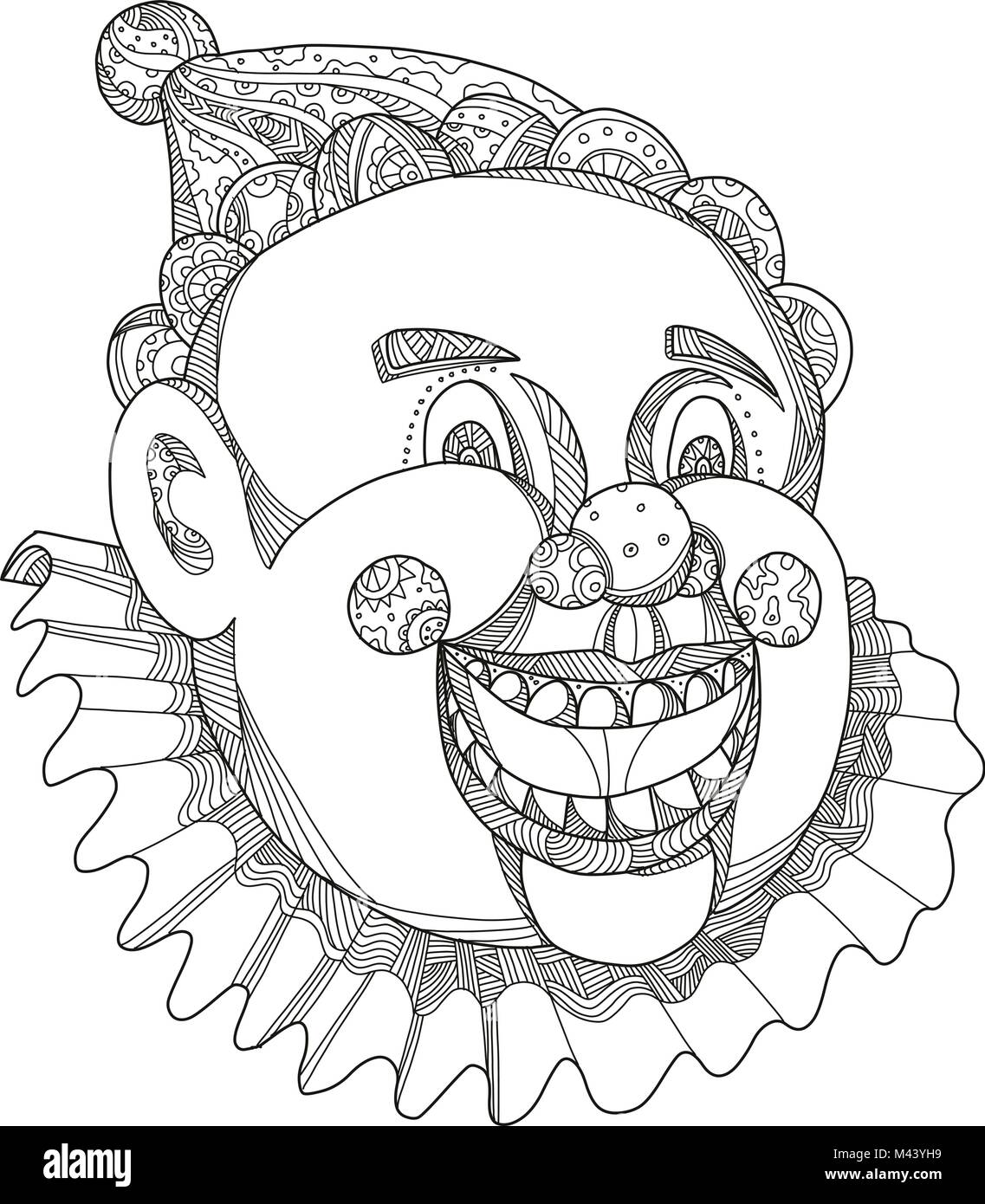 Doodle art illustration d'une tête de clown de cirque en riant et souriant sur fond isolé. Illustration de Vecteur