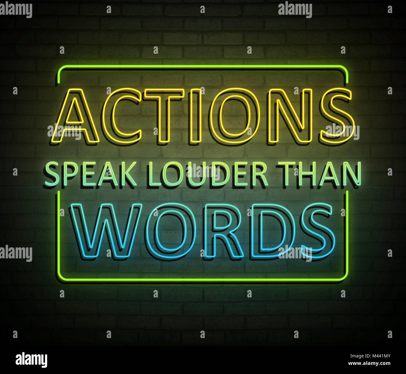 3d illustration représentant un néon lumineux avec un signe les actes sont plus éloquents que les mots. Banque D'Images