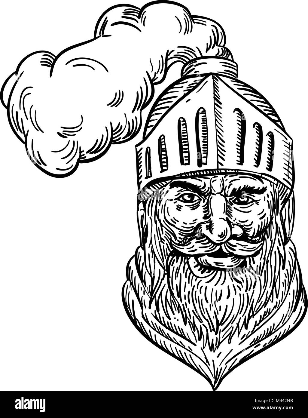 Croquis dessin illustration de style d'un vieux soldat médiéval chevalier, guerrier, chevalier, cavalier ou viwed la tête avec casque de l'avant fait dans un noir Illustration de Vecteur