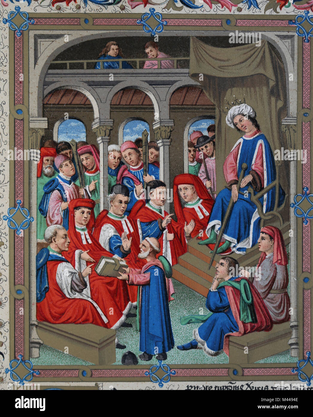 Jaume Marquilles (1368-1370) livre son travail, Usatges de Catalogne, aux conseillers et le roi Alphonse V d'Aragon. Banque D'Images