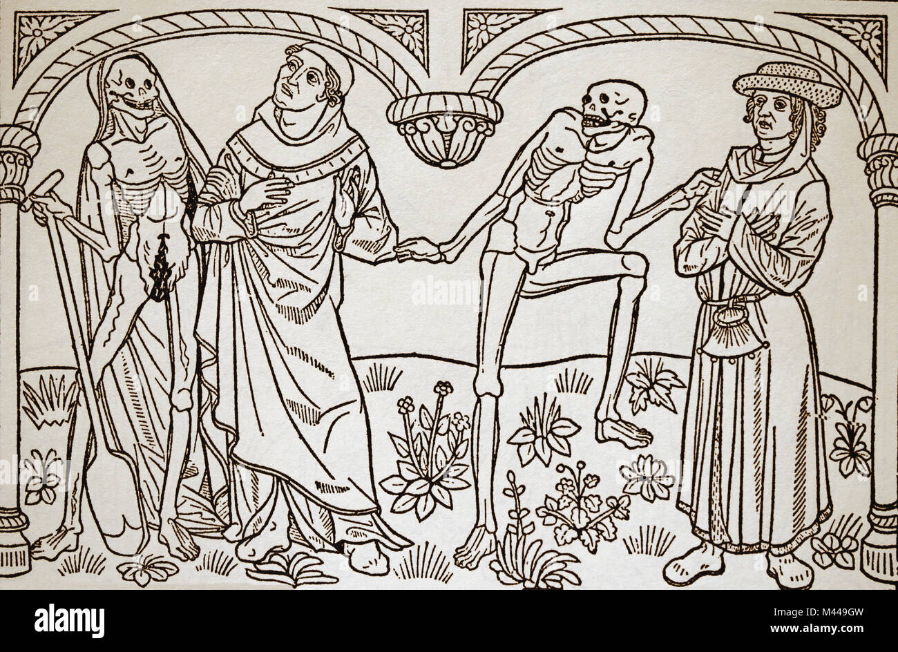 La danse de mort. Bourgeois et l'astrologue. Imprimé par Guyot Marchant, France. 15e siècle. Banque D'Images
