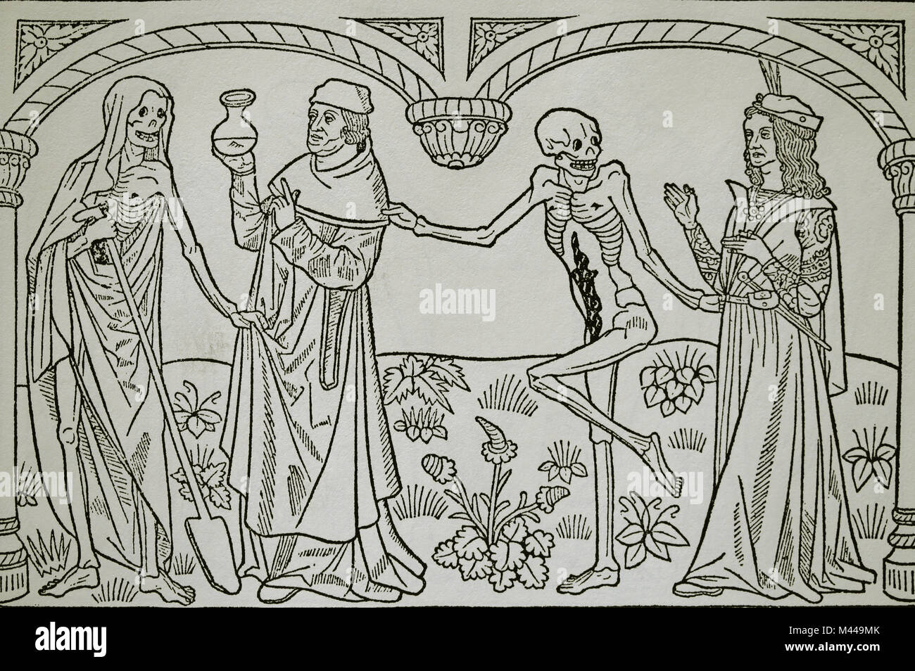 La danse de mort. Médecin et l'Amant. Imprimé par Guyot Marchant, France. 15e siècle. Banque D'Images