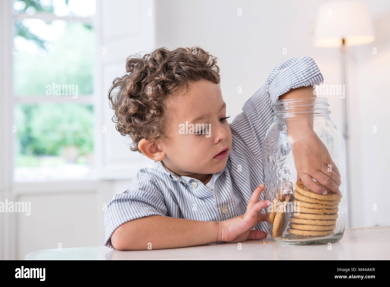 Boy Getting de biscuit cookie jar Banque D'Images