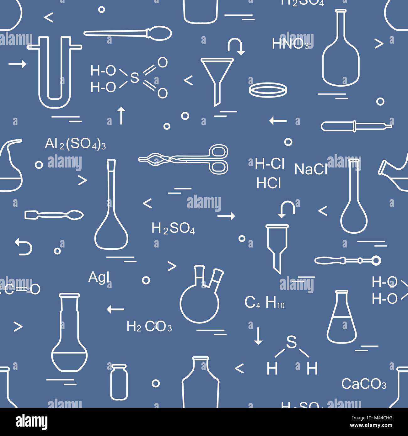 Avec des armes chimiques, biologiques, la science, l'éducation et de la recherche éléments : flacons, formules, bécher, entonnoir, tube en forme de U, pétri, compte-gouttes, Illustration de Vecteur