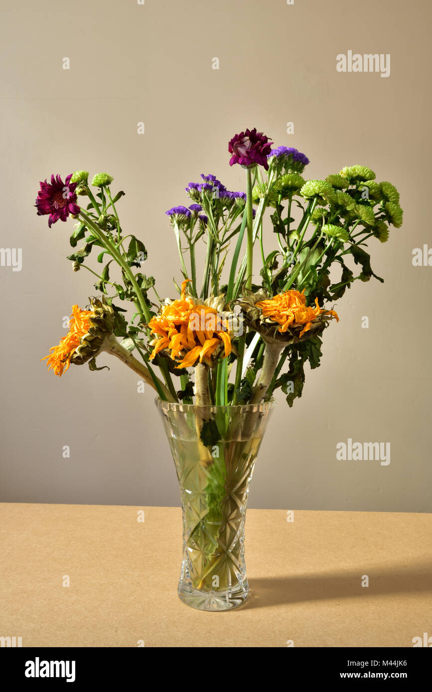 Un tas de mourir des fleurs dans un vase en verre. Banque D'Images