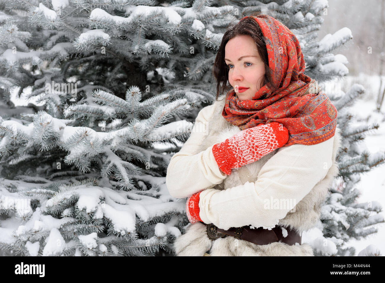 Jeune femme russe dans winter park Banque D'Images