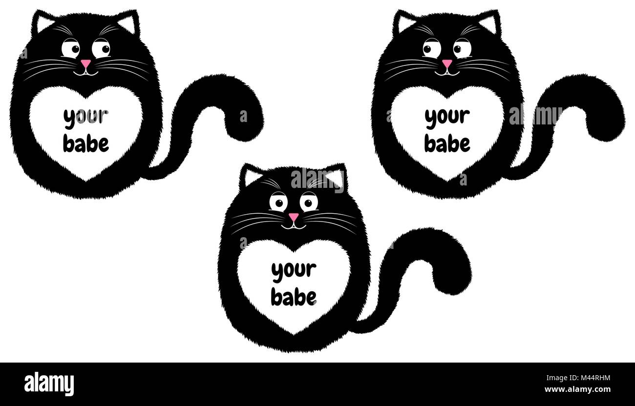 Vector Cartoon Chat Noir dans le style. Drôle Illustration de chaton noir assis avec coeur blanc et sur place avec votre bébé. Cute cat épais Illustration de Vecteur