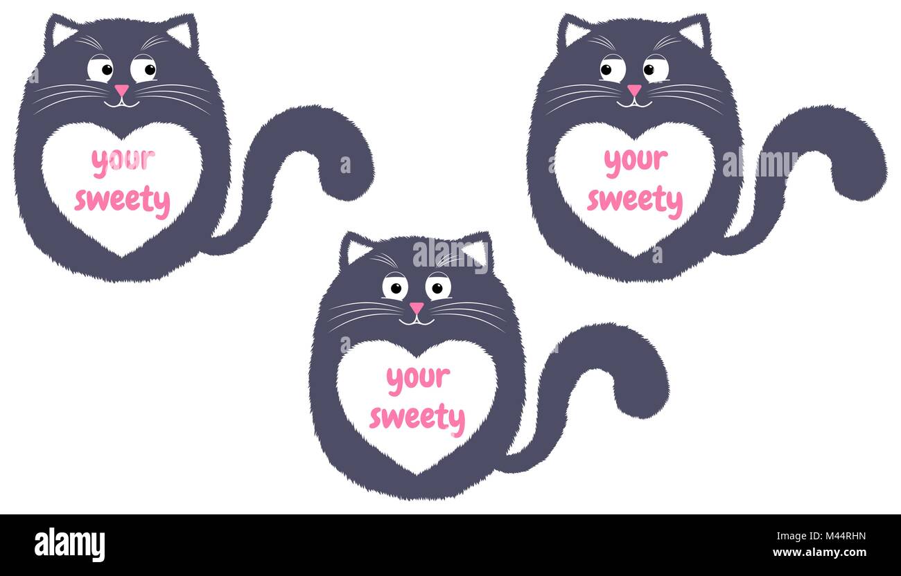 Vector Cartoon Chat gris dans le style. Drôle Illustration de chaton gris assis avec coeur blanc et sur place avec votre Moi. Cute cat épais Illustration de Vecteur