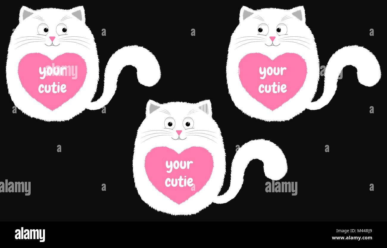 Vector Cartoon Chat Blanc dans le style. Drôle Illustration de chaton blanc assis avec coeur rose et sur place avec l'Inscription Votre Cutie. Cute cat épais Illustration de Vecteur