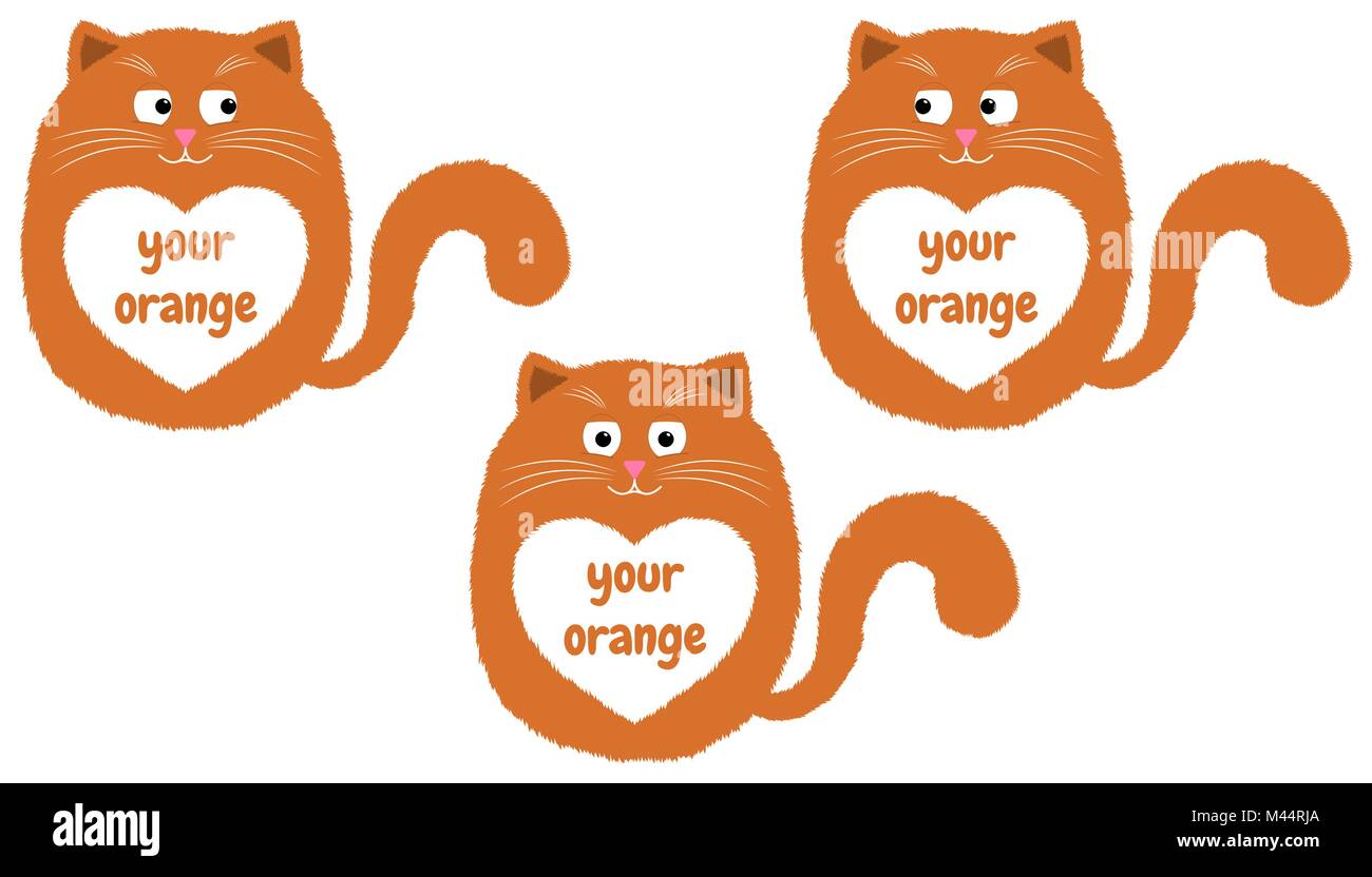 Vector Cartoon Chat Orange dans le style. Drôle Illustration de chaton Orange assis avec coeur blanc et sur place avec l'Inscription Votre Orange. Cute cat épais Illustration de Vecteur