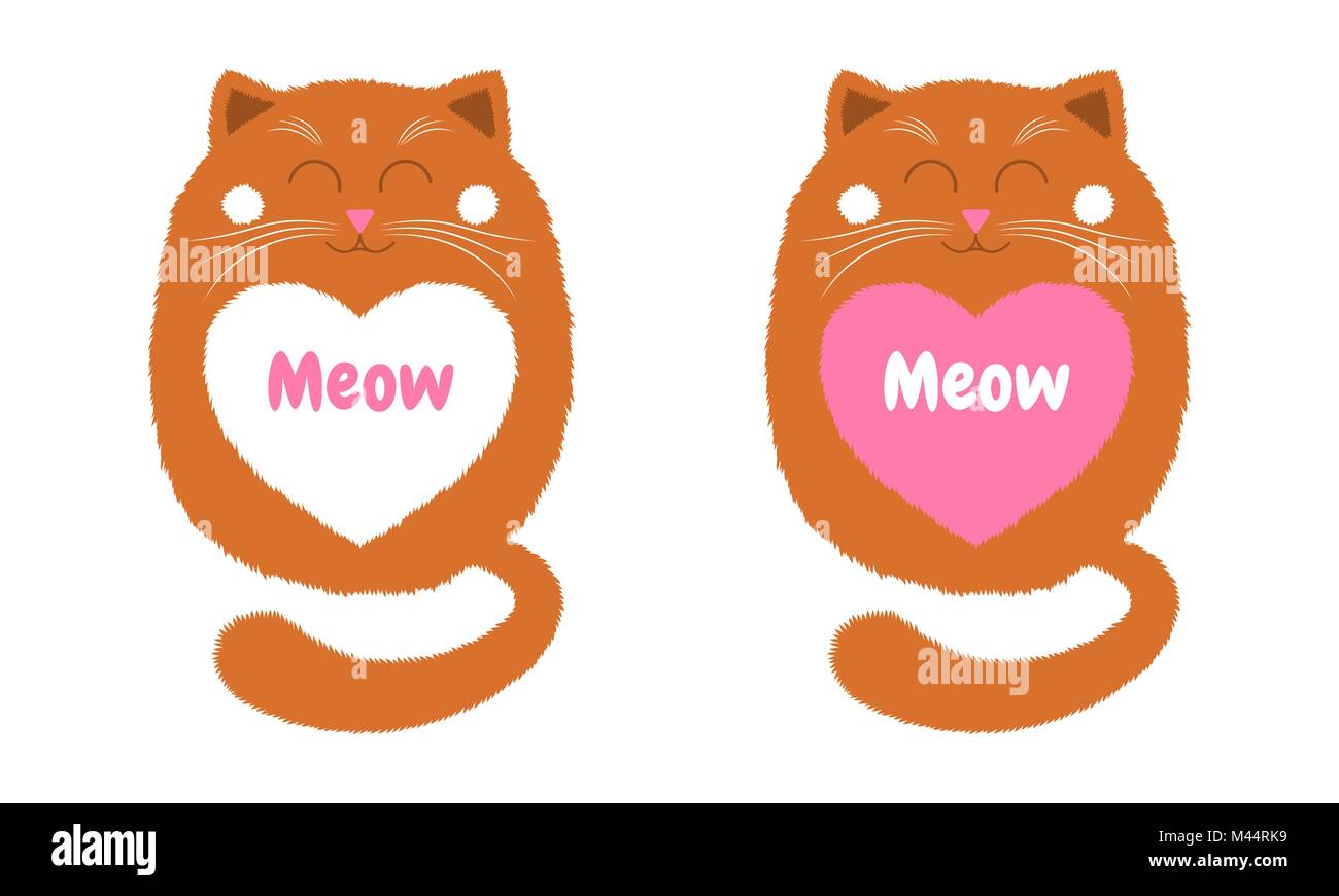 Vector Cartoon Chat Orange dans le style. Drôle Illustration de chaton Orange assis avec les yeux fermés, avec coeur blanc et rose et Inscription sur place Meow. Illustration de Vecteur