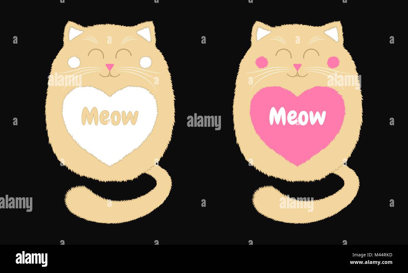 Vector Cartoon Chat beige dans le style. Drôle Illustration de chaton Beige assis avec les yeux fermés, avec coeur blanc et rose et Inscription sur place Meow. C Illustration de Vecteur