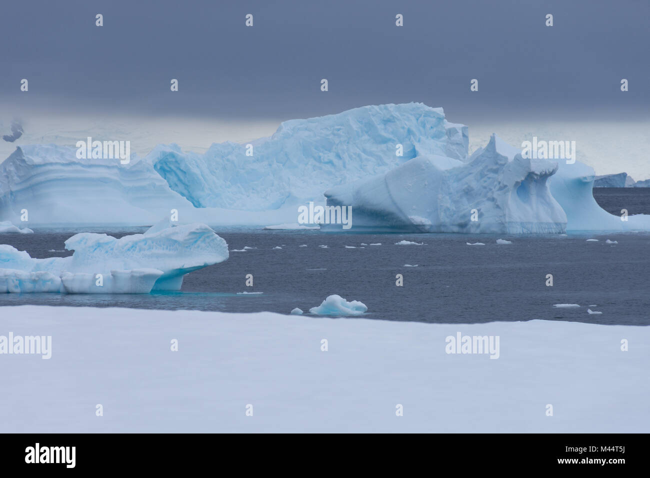 Iceberg bleu flottant dans l'océan du Sud avec un nuage dense banque avec les nuages gris sombre et frais généraux d'un blanc de la neige au premier plan. Banque D'Images