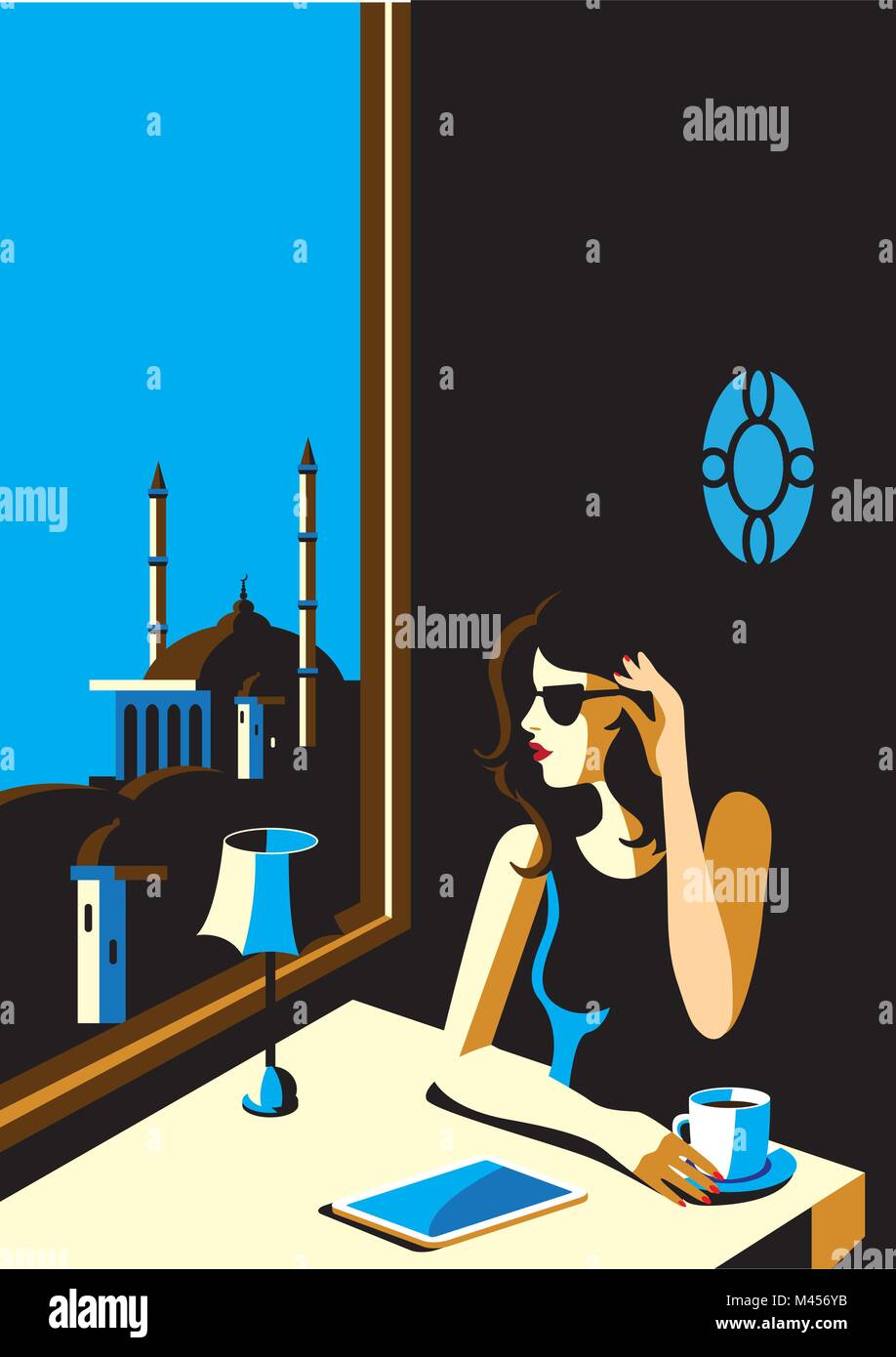 Vecteur conceptuel créatif. Femme assise dans un restaurant avec une tasse de café. Illustration de Vecteur