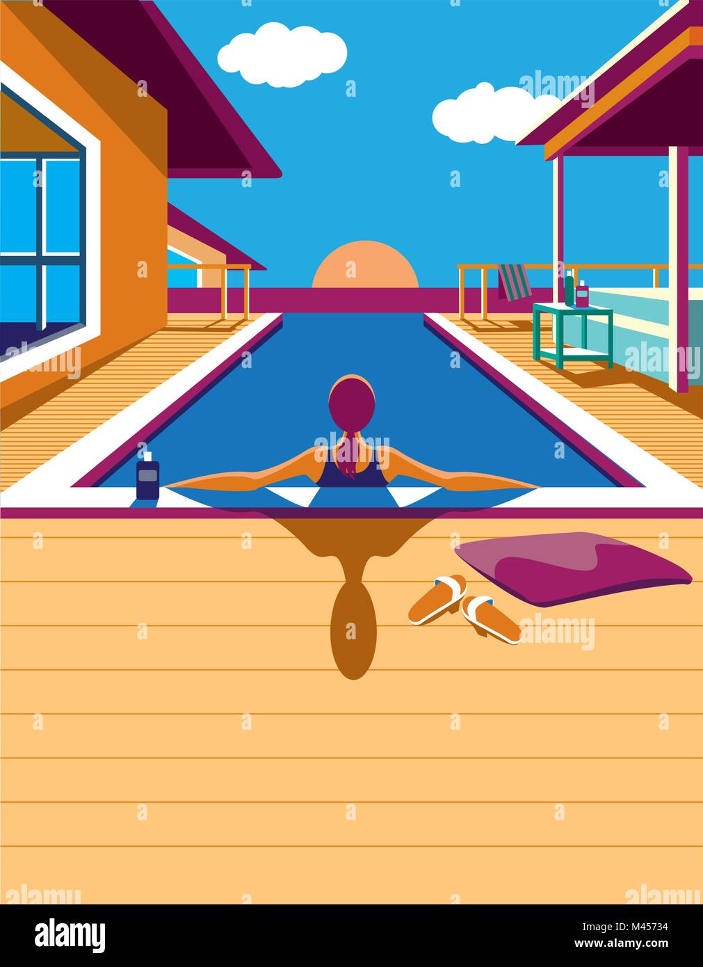 Vecteur conceptuel créatif. Femme dans la piscine au soleil. Illustration de Vecteur