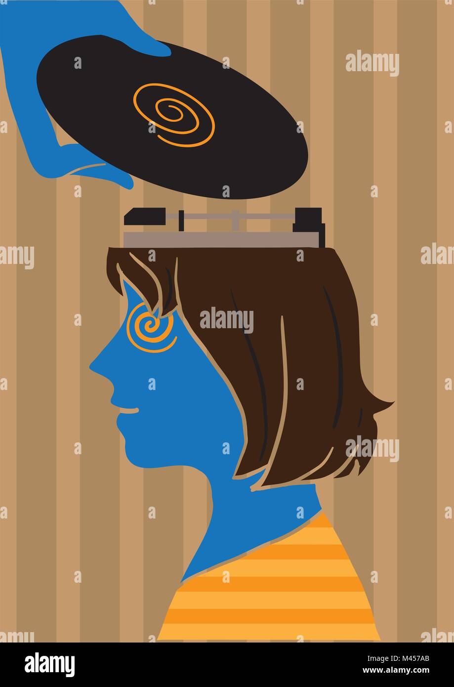 Vecteur conceptuel créatif. Femme avec un lecteur de vinyle sur sa tête. Illustration de Vecteur