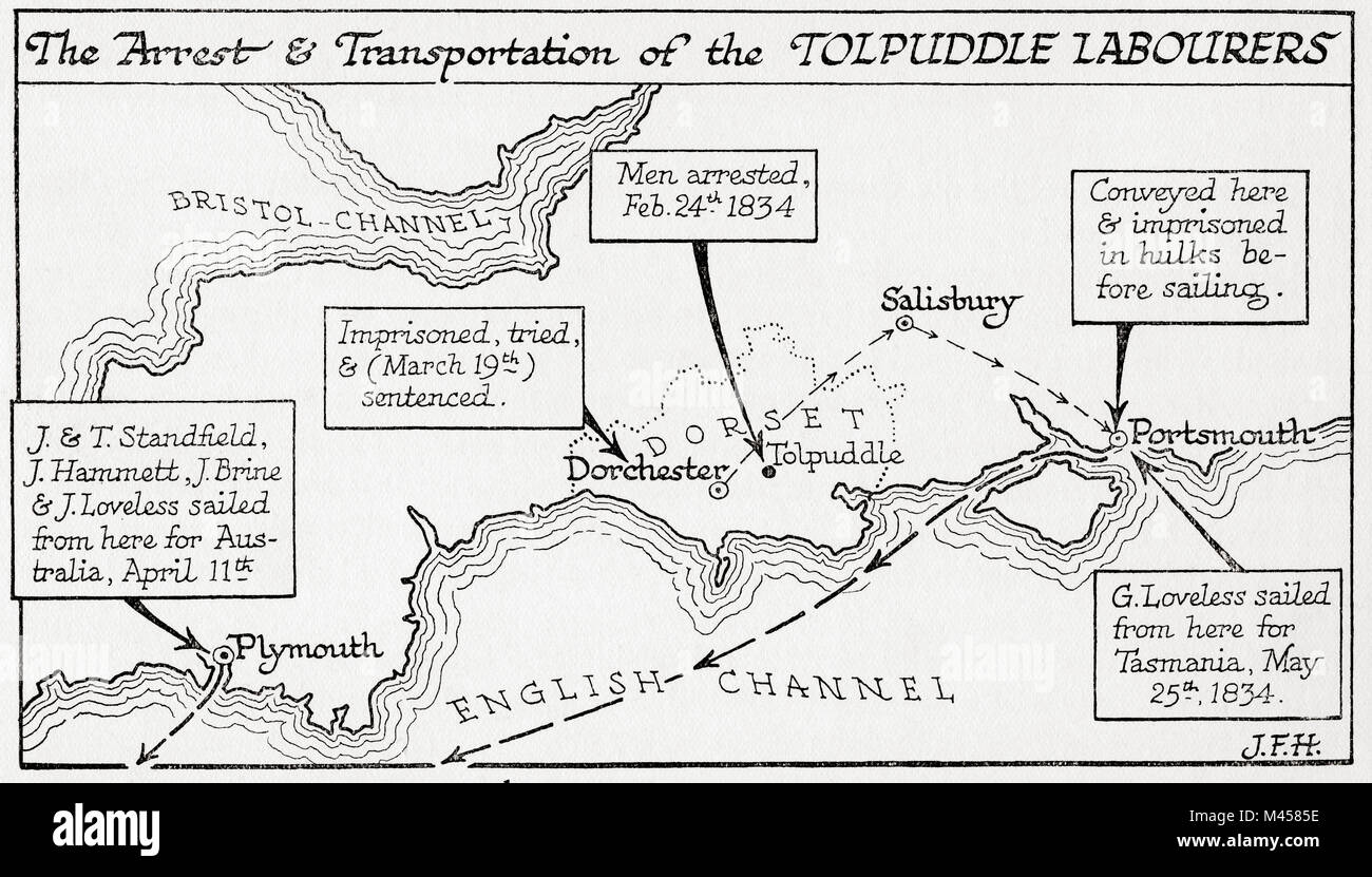Carte montrant l'arrestation et le transport de l'Australie et de Tasmanie de la Tolpuddle ouvriers, 1834. La Tolpuddle Martyrs, un groupe de 19e siècle Dorset ouvriers agricoles qui ont été arrêtés et condamnés pour jurer un serment secret en tant que membres de l'Amicale de travailleurs agricoles, ils ont été condamné à la transportation de l'Australie et la Tasmanie. À partir de les martyrs de Tolpuddle, publié en 1934. Banque D'Images