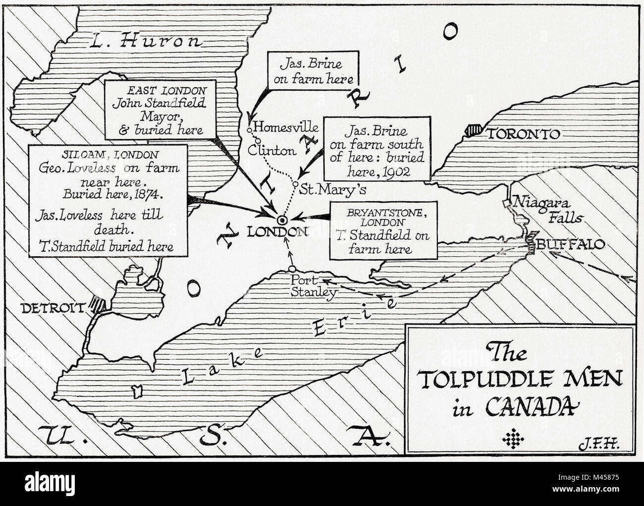 Carte montrant les classements au Canada de la Tolpuddle Martyrs, un groupe de 19e siècle Dorset ouvriers agricoles qui ont été arrêtés et condamnés pour jurer un serment secret en tant que membres de l'Amicale de travailleurs agricoles, ils ont été condamné à la transportation de l'Australie et la Tasmanie. À partir de les martyrs de Tolpuddle, publié en 1934. Banque D'Images