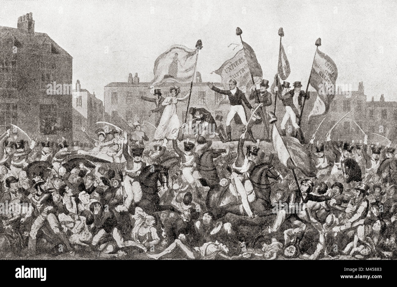 Le massacre de Peterloo, St Peter's Field, Manchester, Angleterre, 1819. La charge de cavalerie sur une foule de 60 000-80 000 qui s'étaient rassemblés pour exiger la réforme de la représentation parlementaire. À partir de les martyrs de Tolpuddle, publié en 1934. Banque D'Images