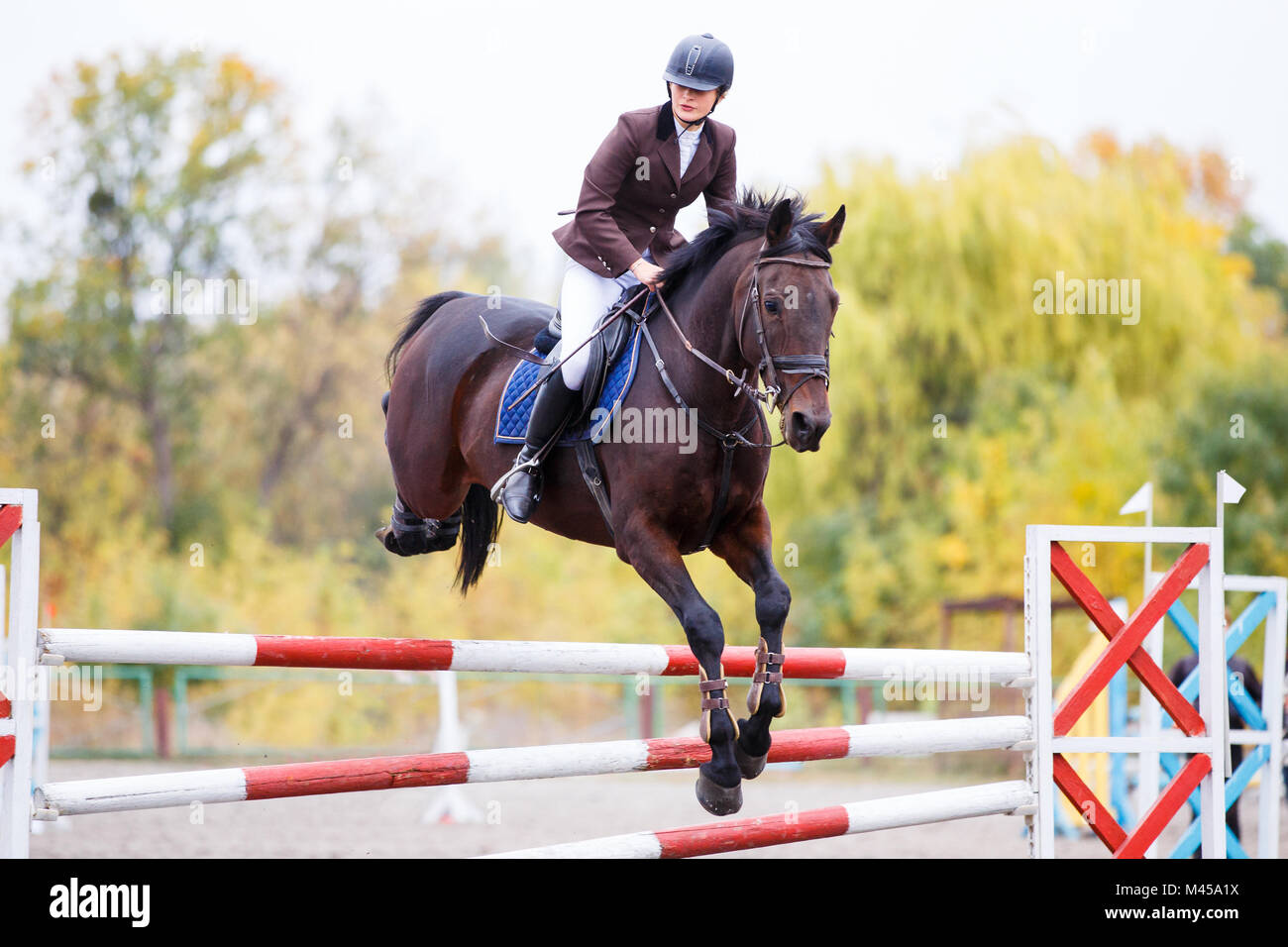 Jeune fille sur bay saut à cheval sur barrière sur le sport équestre la concurrence. L'fille sur le concours de saut Banque D'Images