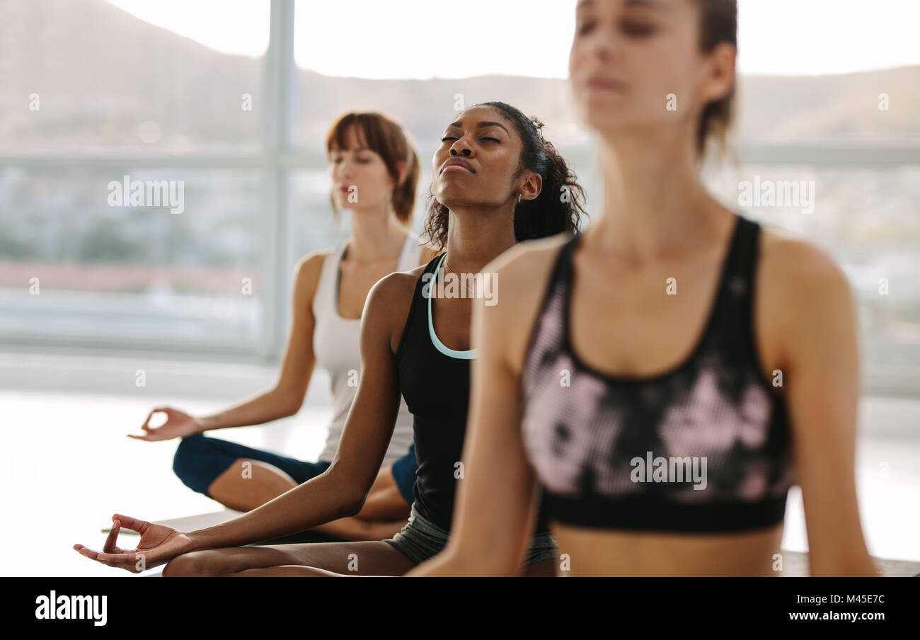 Des gens assis sur le plancher de remise en forme avec les jambes croisées faisant du yoga méditation. Groupe de personnes méditant dans lotus posent au cours de yoga. Banque D'Images